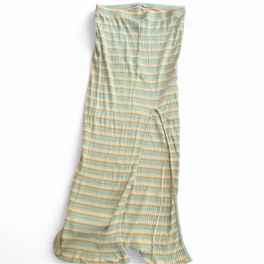 Striped Maxi Skirt with Side Slit - Mint & Pale Yellow